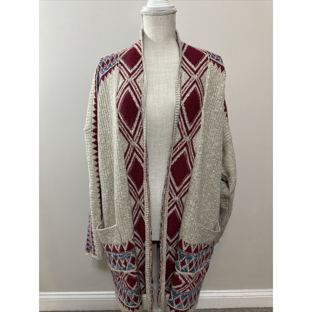 Lucky‎ Brand Size 3XL Beige Red Blue Aztec Tribal Knit Open Cardigan Sweater